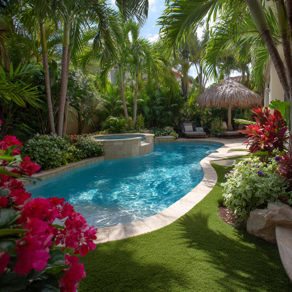 Tropical backyard with a small pond and waterfall surrounded by tropical plants.