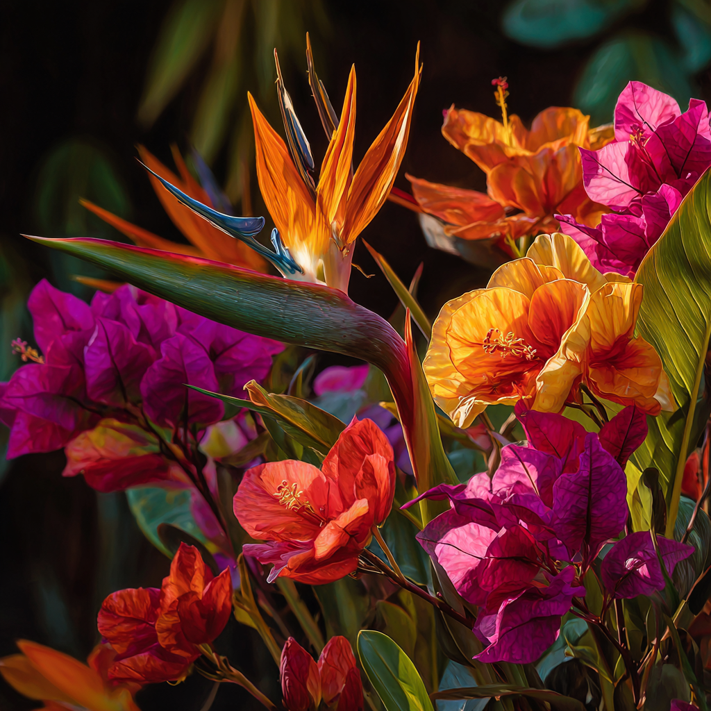 Bird of paradise, hibiscus, and bougainvillea thriving in a South Florida tropical garden.