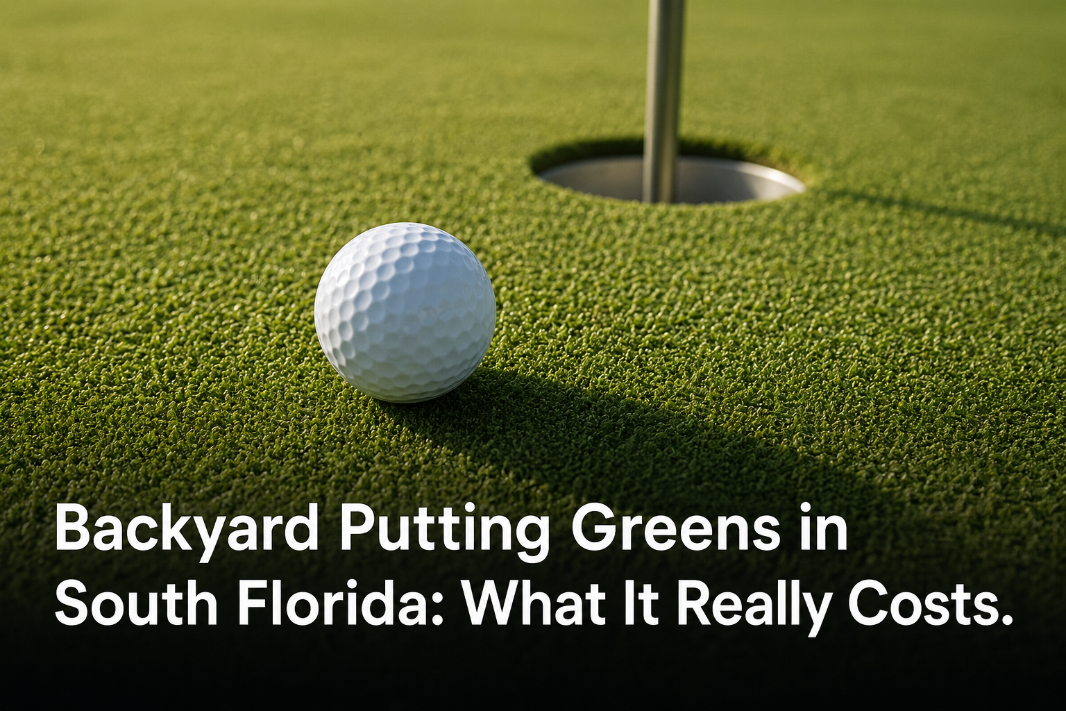 Close-up of golf ball on nylon putting green surface with flagstick