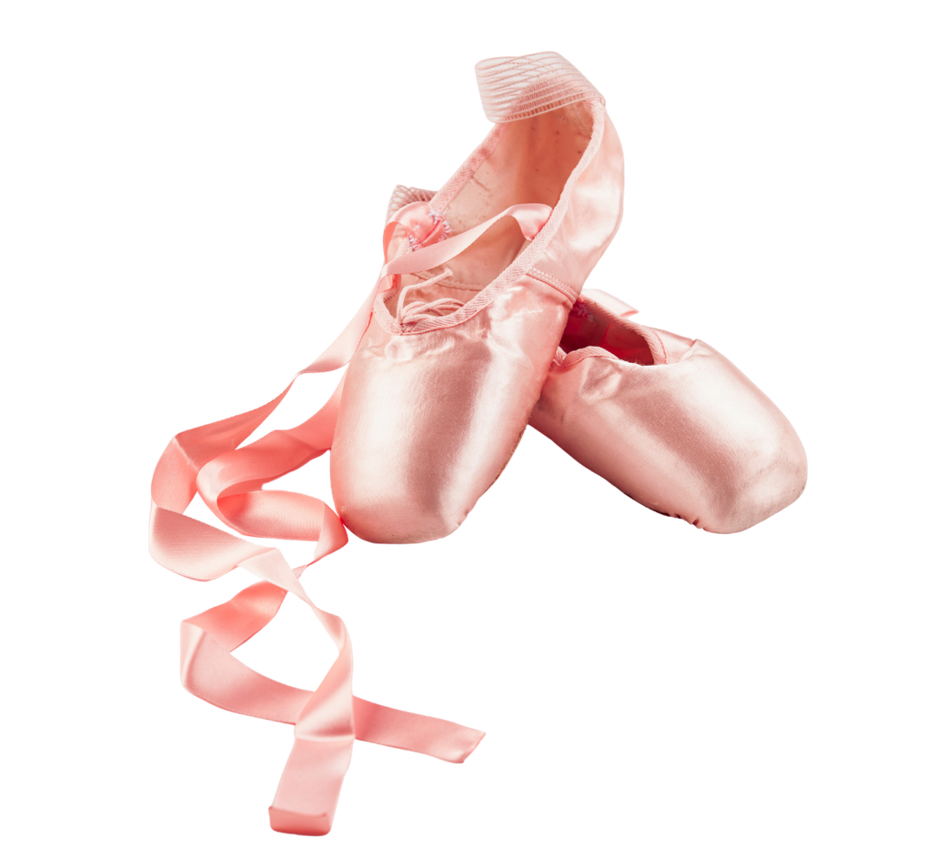 Pink satin pointe shoes with ribbons.