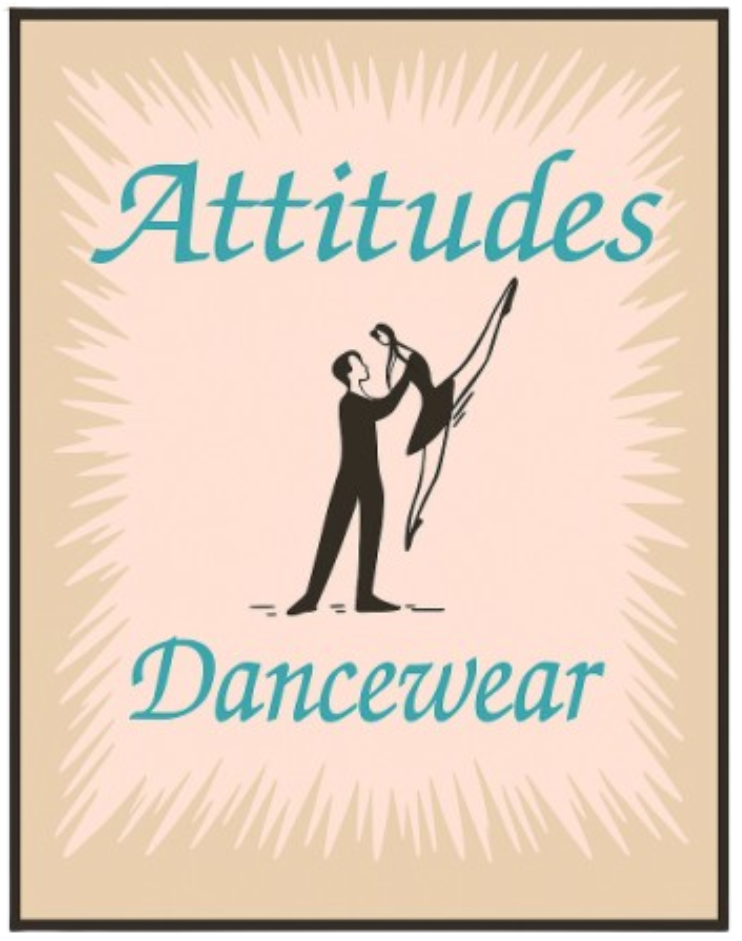 Logo for Attitudes Dancewear: couple dancing in silhouette, teal text on beige background.