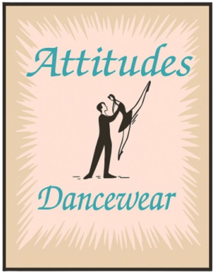 Logo for Attitudes Dancewear: couple dancing in silhouette, teal text on beige background.