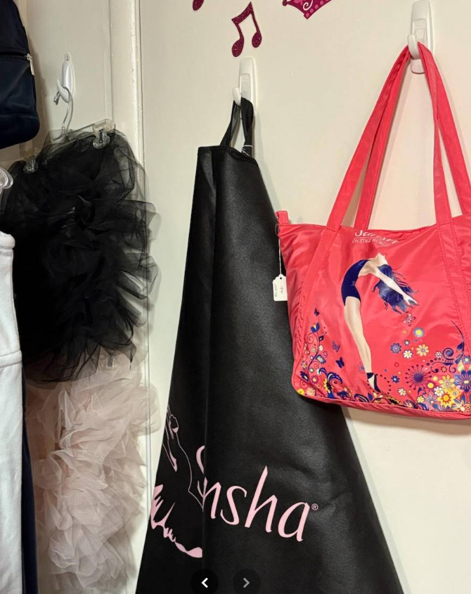 Tutu, apron, and pink tote bag hanging on wall.