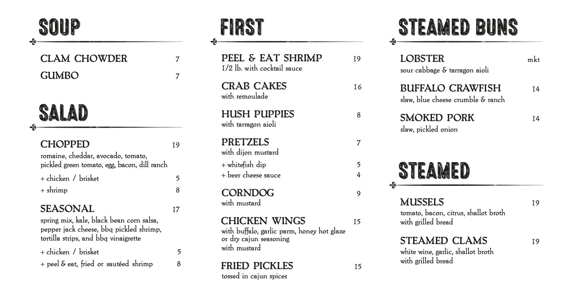 The food menu for 4 Hands + Peacemaker Kirkwood 