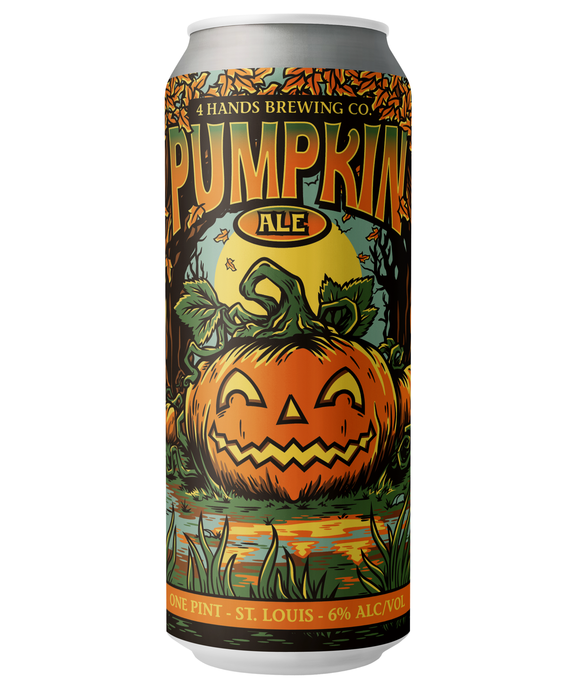 A 16oz can of 4 Hands Brewing Company Pumpkin Ale