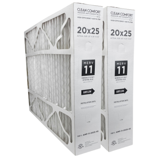 Two 20x25 MERV 11 air filters in cardboard boxes. White filter material, airflow direction indicated.