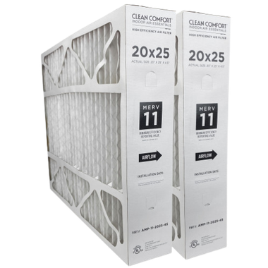 Two 20x25 MERV 11 air filters in cardboard boxes. White filter material, airflow direction indicated.