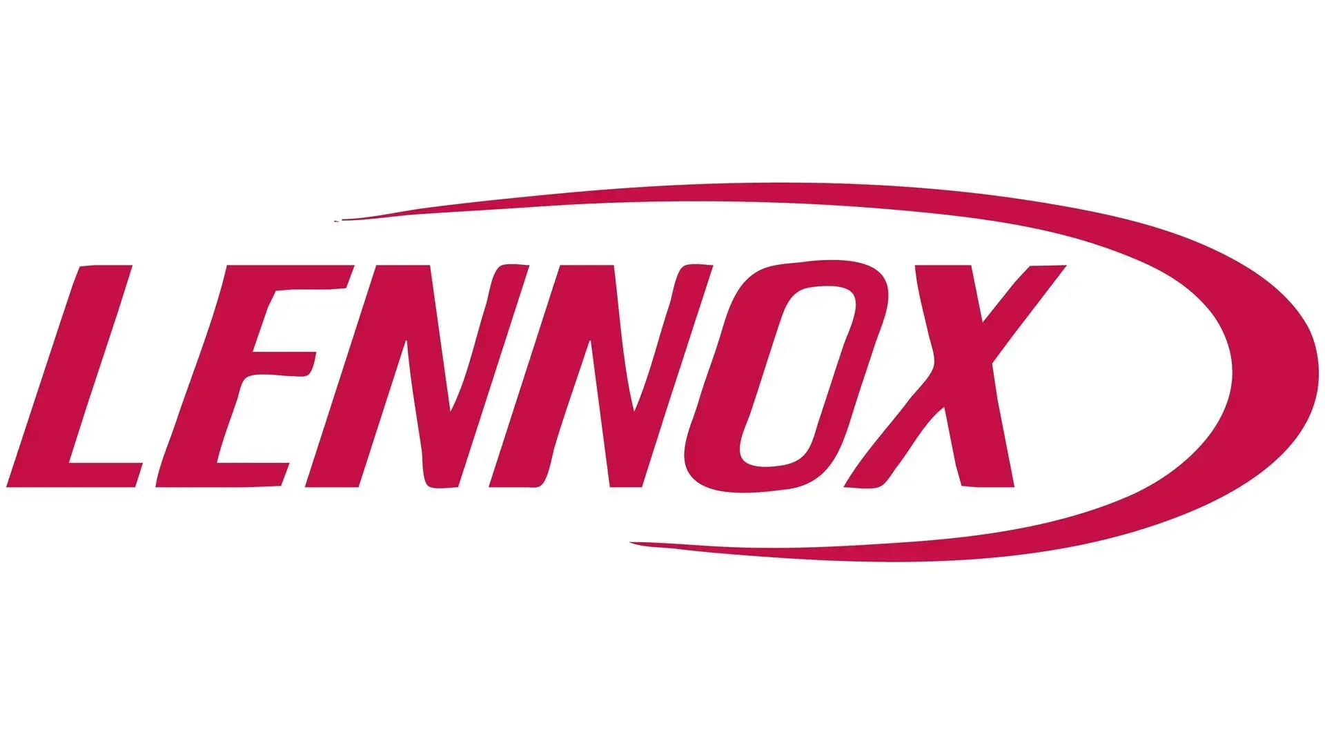 LENNOX logo in red; text within a curved red swoosh.
