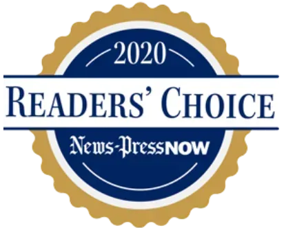 2020 Readers' Choice award logo from News-PressNow; gold, blue and white colors; serrated edge.