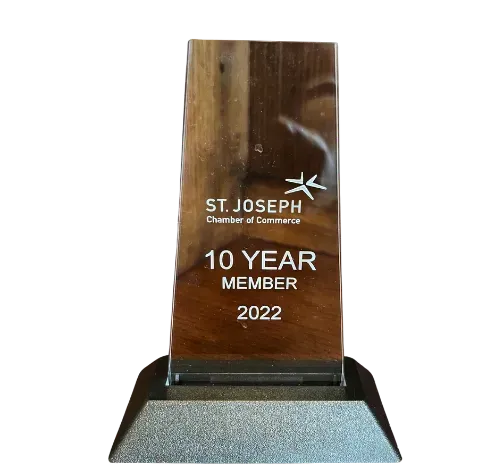 Trophy for a 10-year member of the St. Joseph Chamber of Commerce, awarded in 2022.