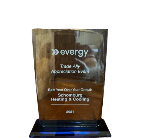 Trophy from Evergy: Best Year Over Year Growth, awarded to Schomburg Heating & Cooling, 2021.