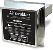 Air scrubber, a silver HVAC system with black label, text, and arrow, mounted on a wall.