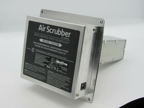 Air Scrubber unit in silver casing, with black label and text, for air purification.
