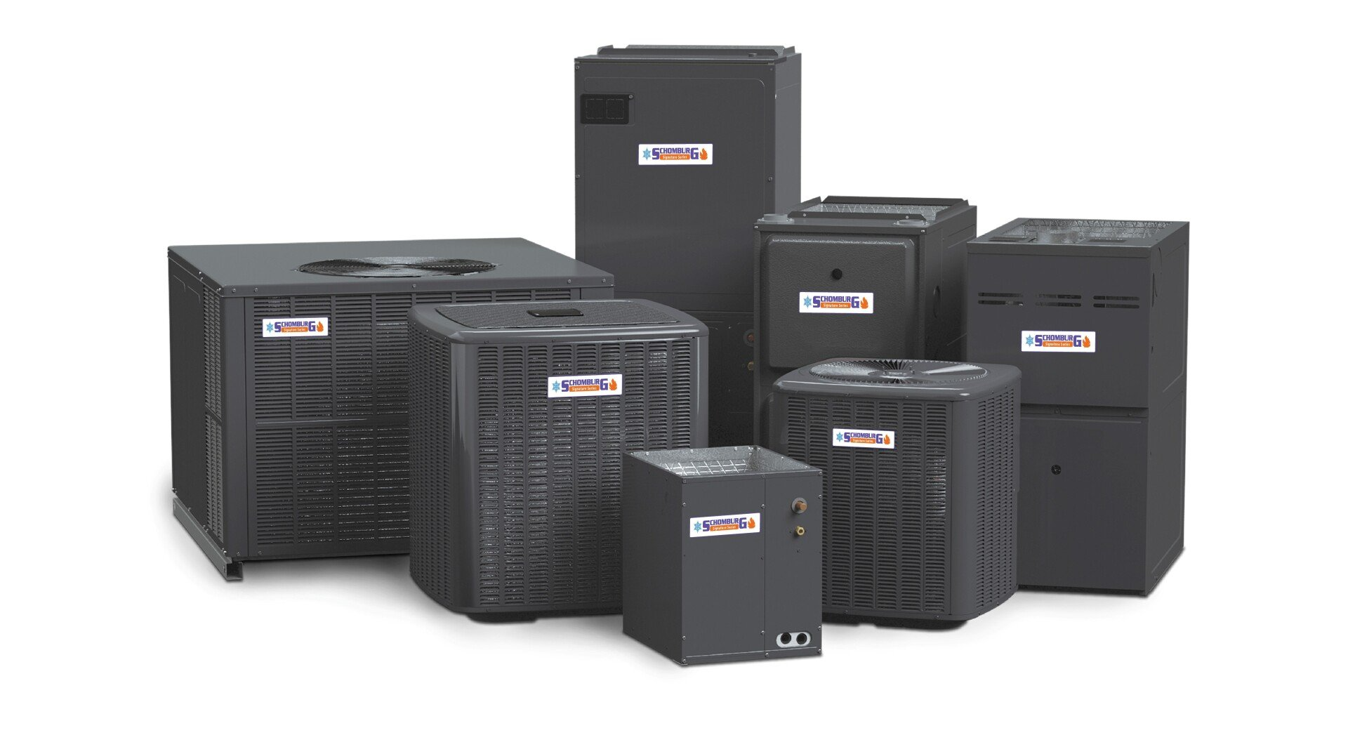 Collection of Lennox brand HVAC units, various sizes, dark gray.