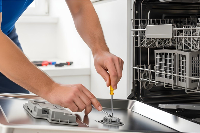 A person uses a screwdriver to repair a component on the open door of a stainless steel dishwasher.