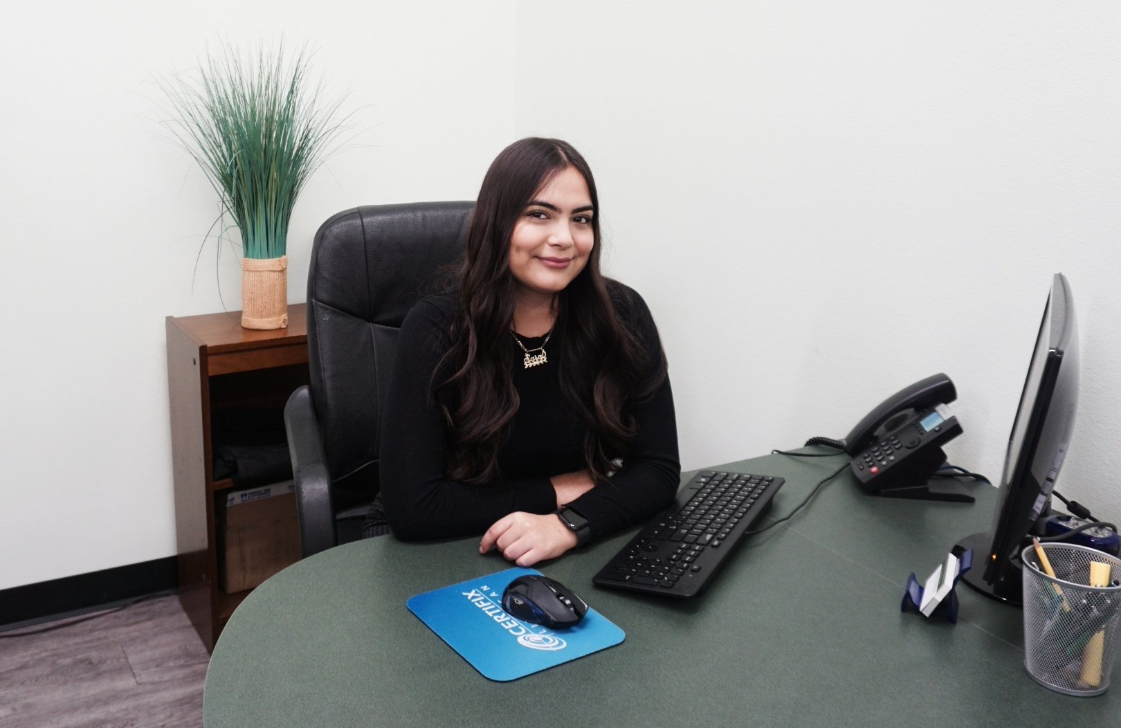 A woman is sitting at a desk in front of a computer.