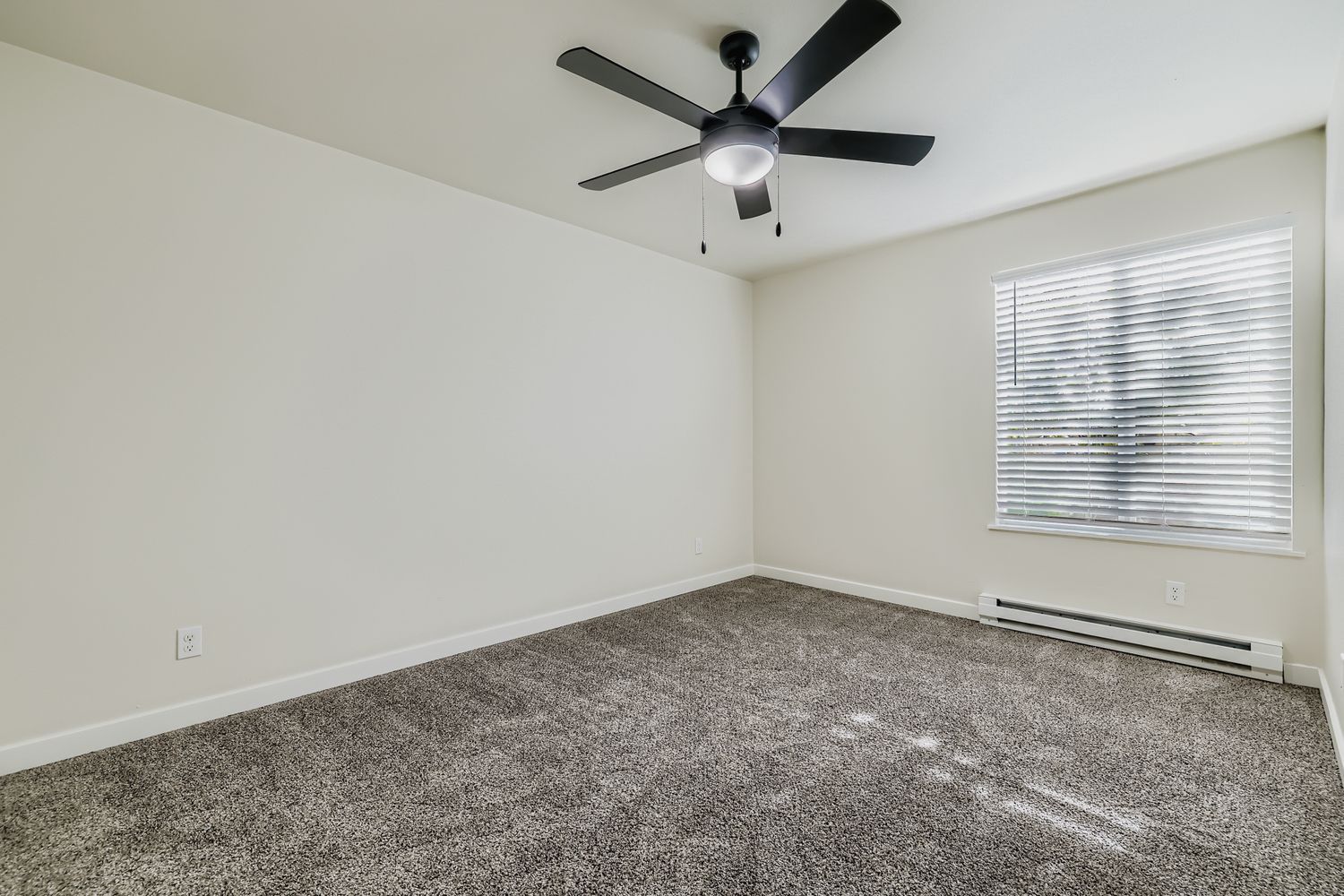 Photo of a large, carpeted bedroom with a ceiling fan