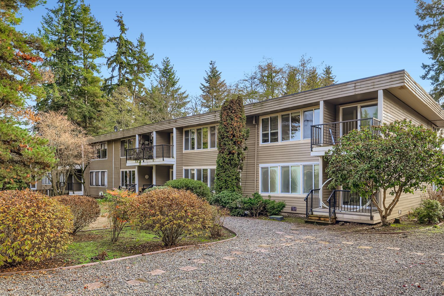 Photo of a building with a pebble-like paved path approaching, making the setting unique
