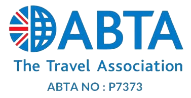 A blue and white logo for the travel association