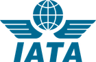 A blue logo for iata with a globe and wings