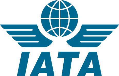 A blue logo for iata with a globe and wings