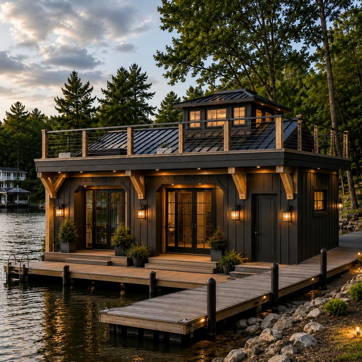 Modern dark wood lakeside cabin with lit windows, wraparound deck, and trees at dusk
