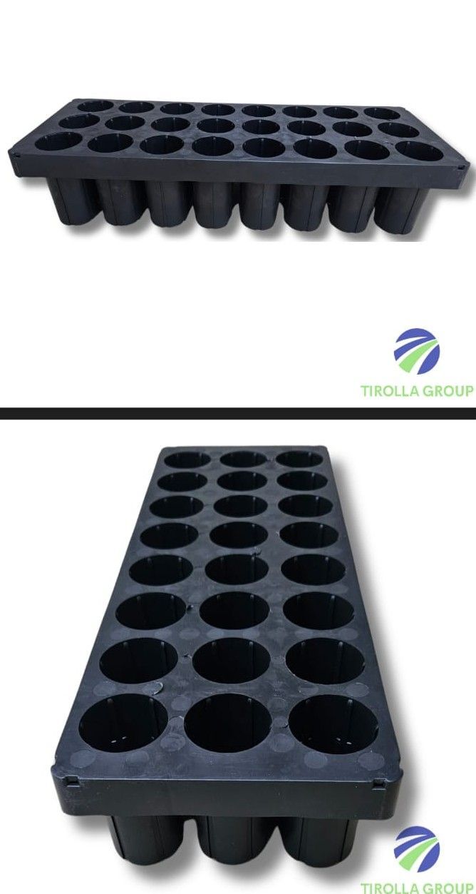 A tray of black plastic cups and a tray of black plastic cups on a white background.