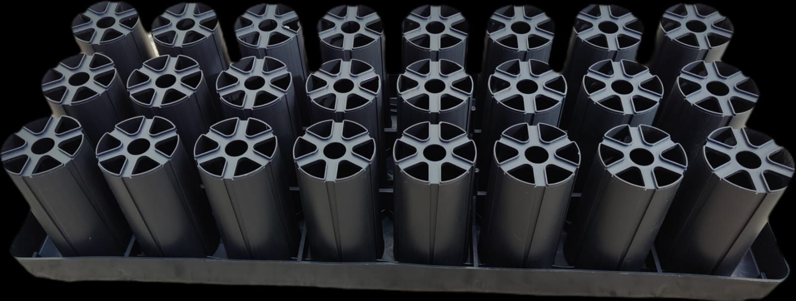 A tray of black plastic cups and a tray of black plastic cups on a white background.