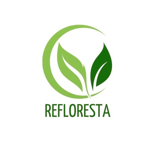 A logo for a company called refloresta with two green leaves in a circle.