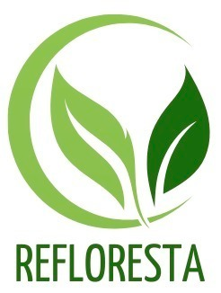 A logo for refloresta with two green leaves in a circle