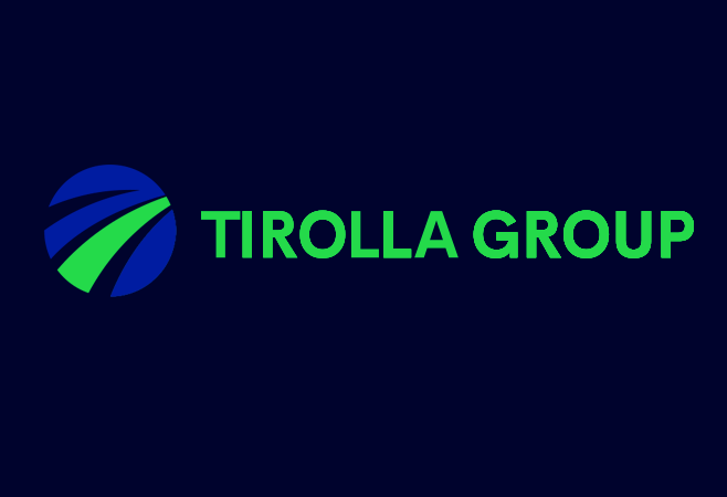 A logo for a company called tirolla group on a dark blue background.