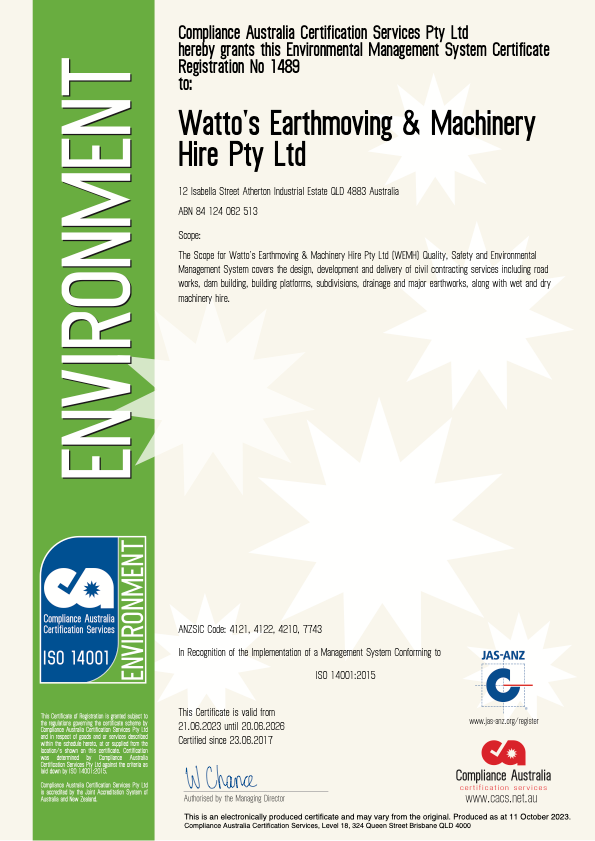 A Certificate for Watte 's Earthmoving and Machinery Hire PTY ITD - Watto's Earthmoving & Machinery Hire in Atherton, QLD