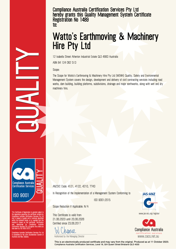A Certificate for Watte 's Earthmoving and Machinery Hire PTY ITD - Watto's Earthmoving & Machinery Hire in Atherton, QLD