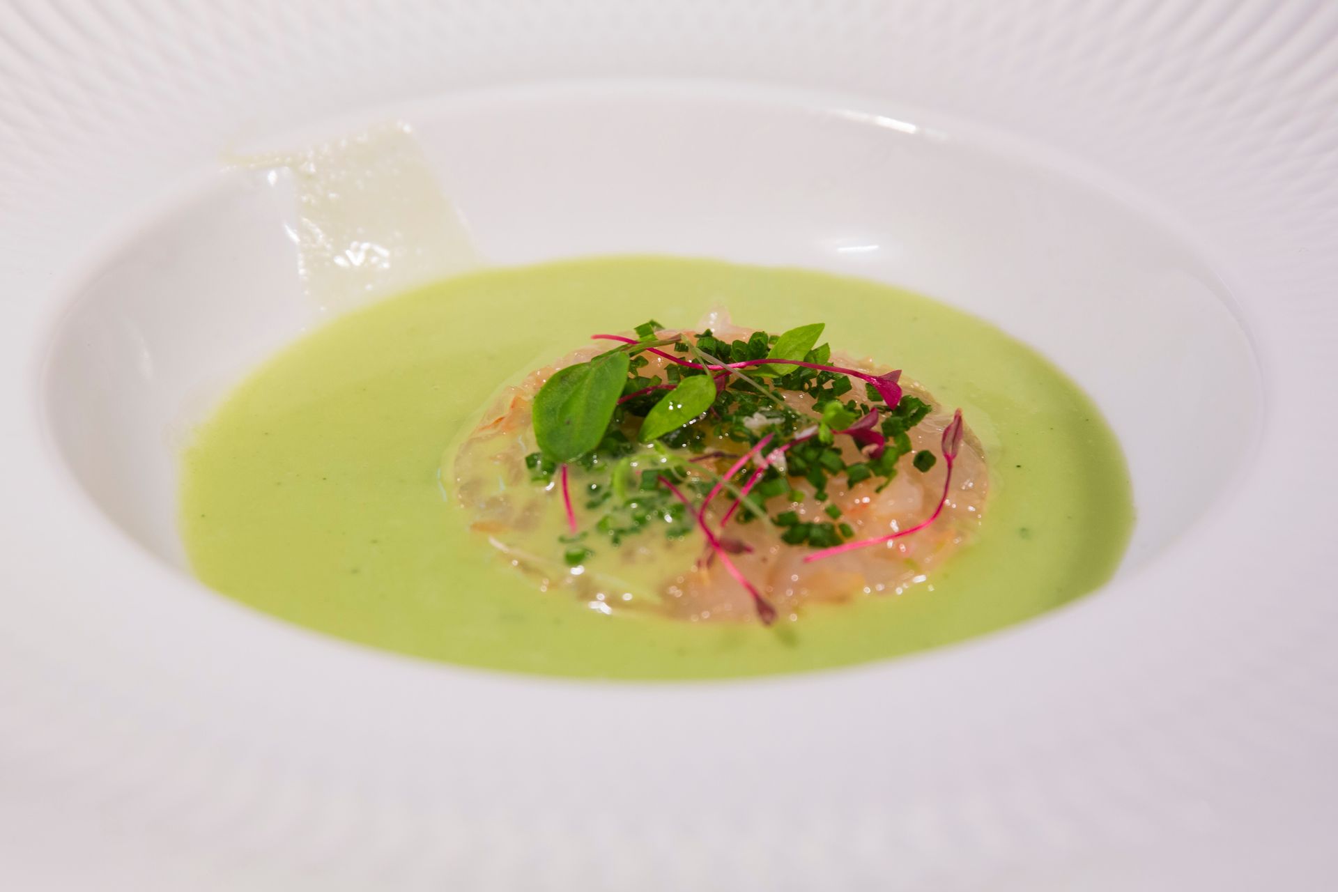 Un plato de sopa verde con un trozo de carne encima.