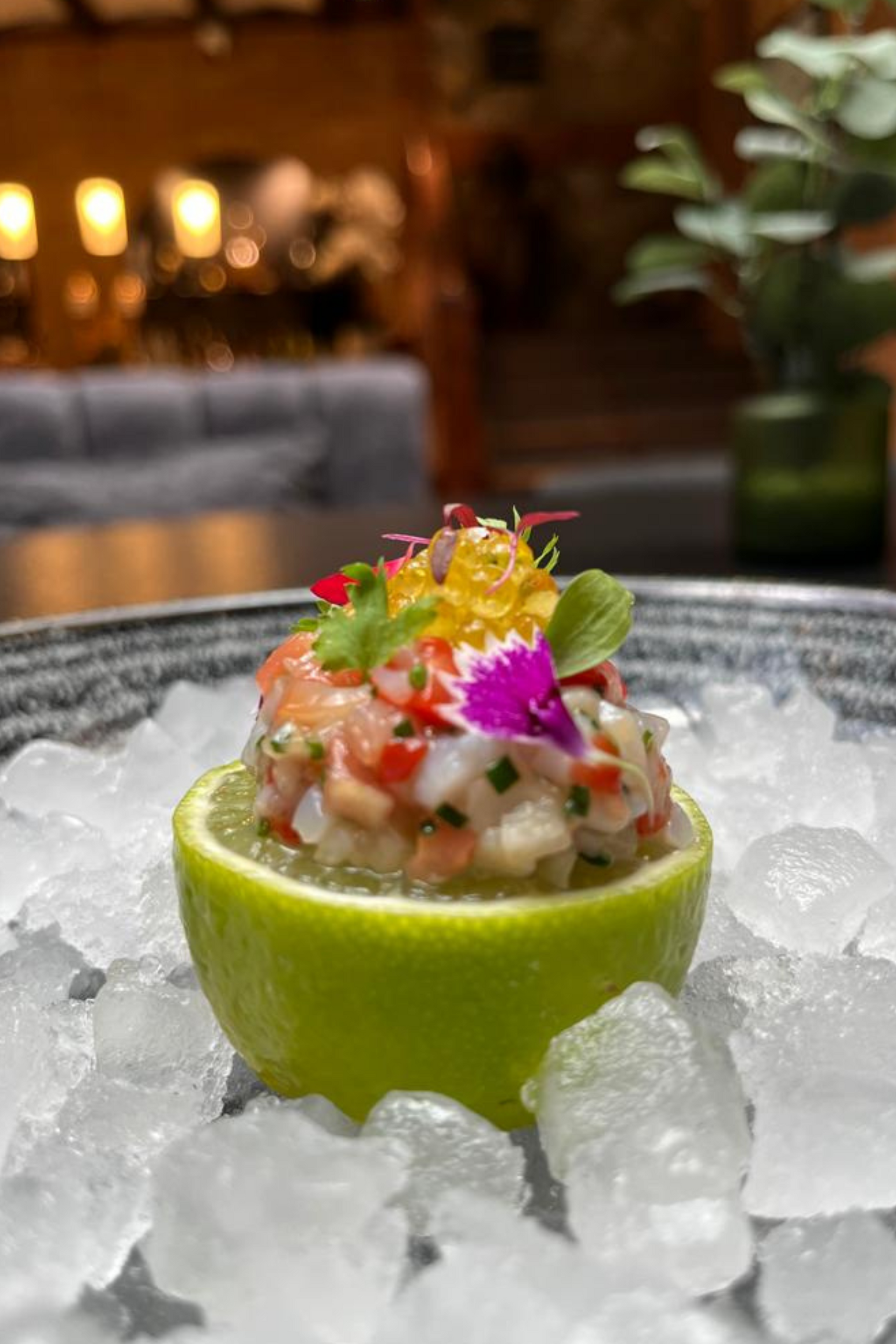 Un primer plano de una lima llena de comida sobre hielo en un plato.
