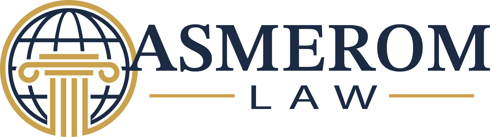 Logo for Asmerom Law, featuring a globe, pillar, and text.