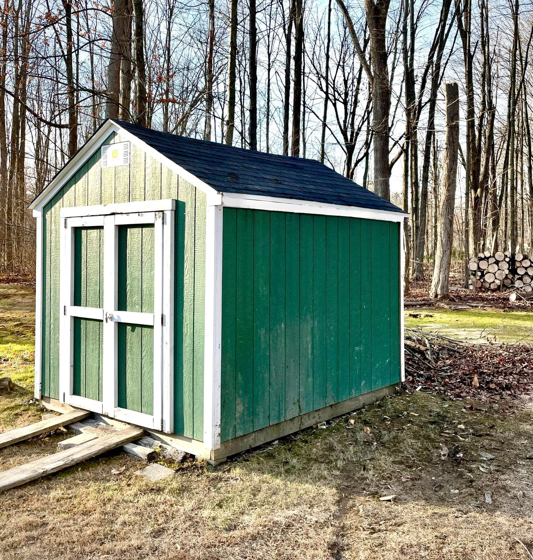A green shed with a black roof is sitting in the middle of a forest.