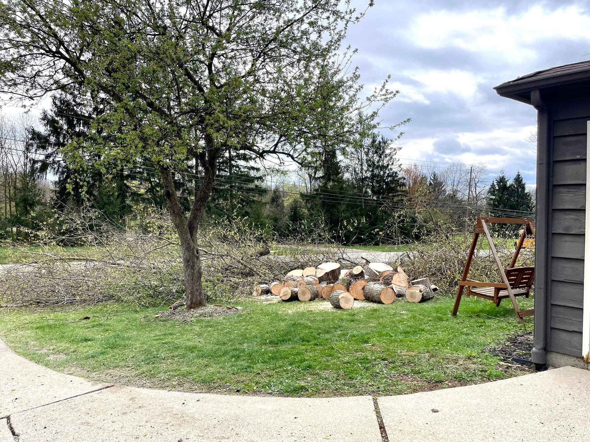 A pile of logs is sitting in the grass in front of a house.