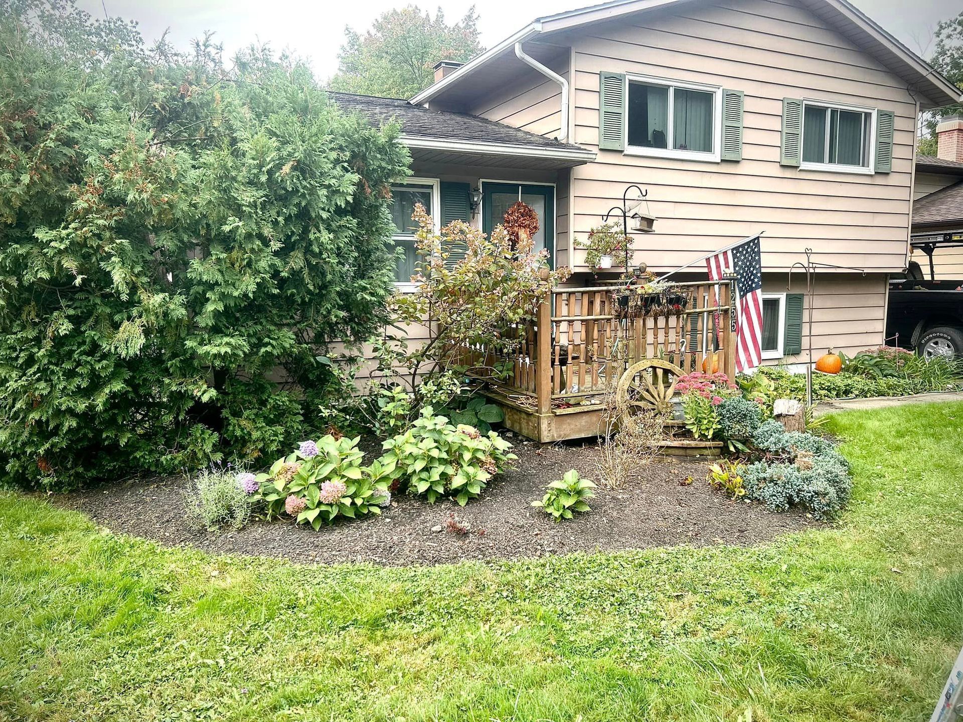 A house with a lot of plants in front of it.