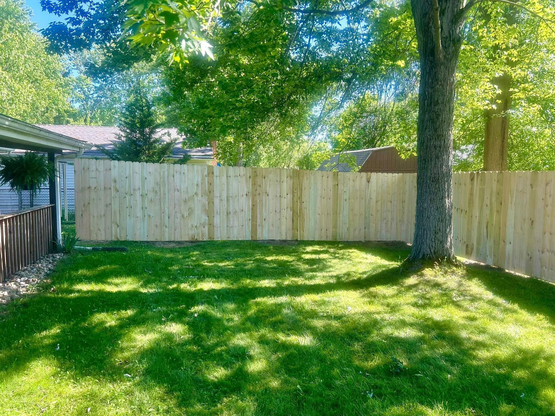 A backyard with a wooden fence and a tree in the middle of it.