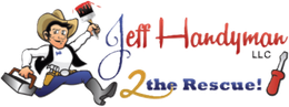 Cartoon cowboy handyman with paint brush and trowel, running; Jeff Handyman logo.