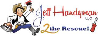Cartoon cowboy handyman with paint brush and trowel, running; Jeff Handyman logo.