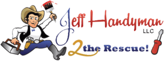 Cartoon cowboy handyman with paint brush and trowel, running; Jeff Handyman logo.