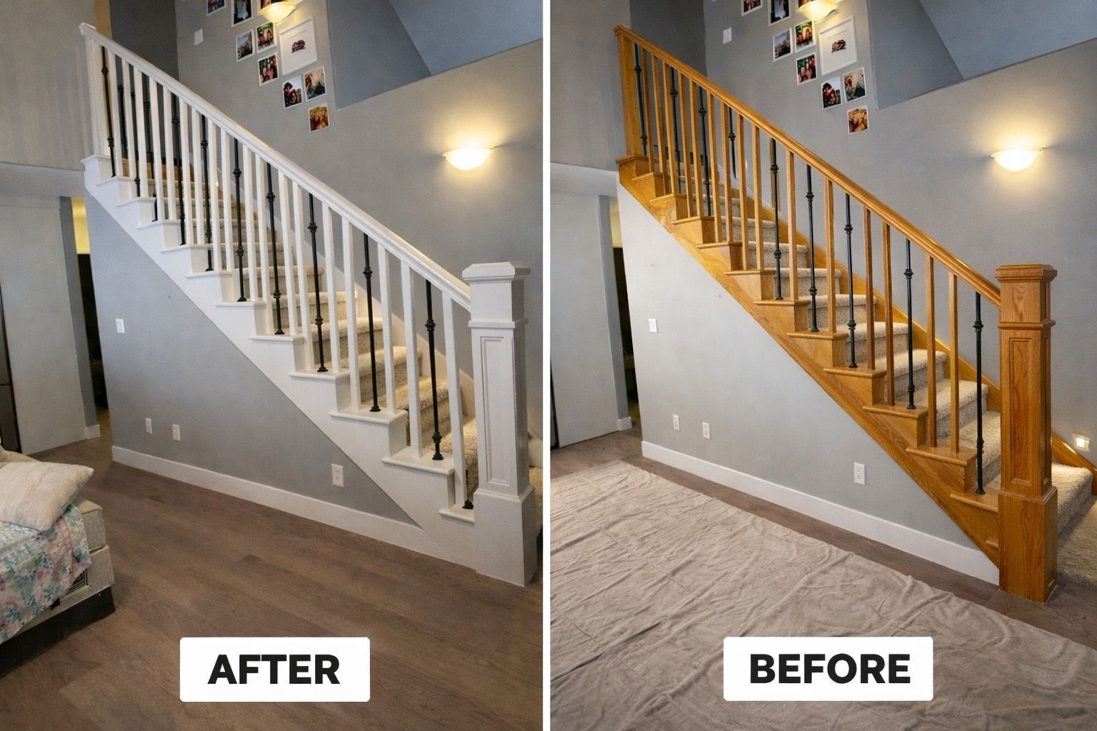 Staircase renovation: Before and after. Painted white vs. stained wood. Newel posts, railings and steps.