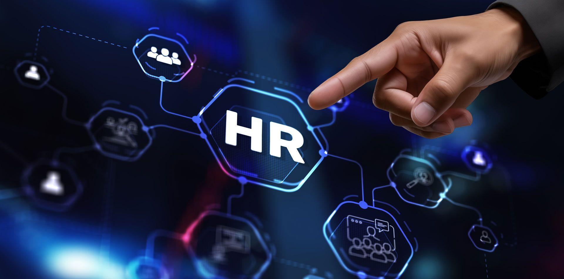Hand pointing to HR icon within a digital network, representing human resources.