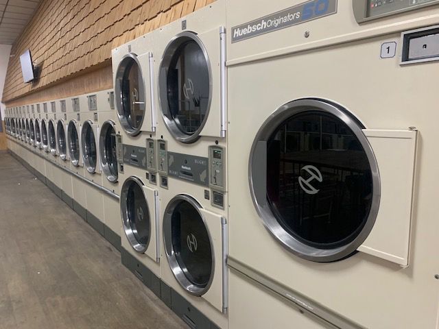 Row of commercial dryers in a laundromat; cream-colored machines with round doors, and a wood ceiling.