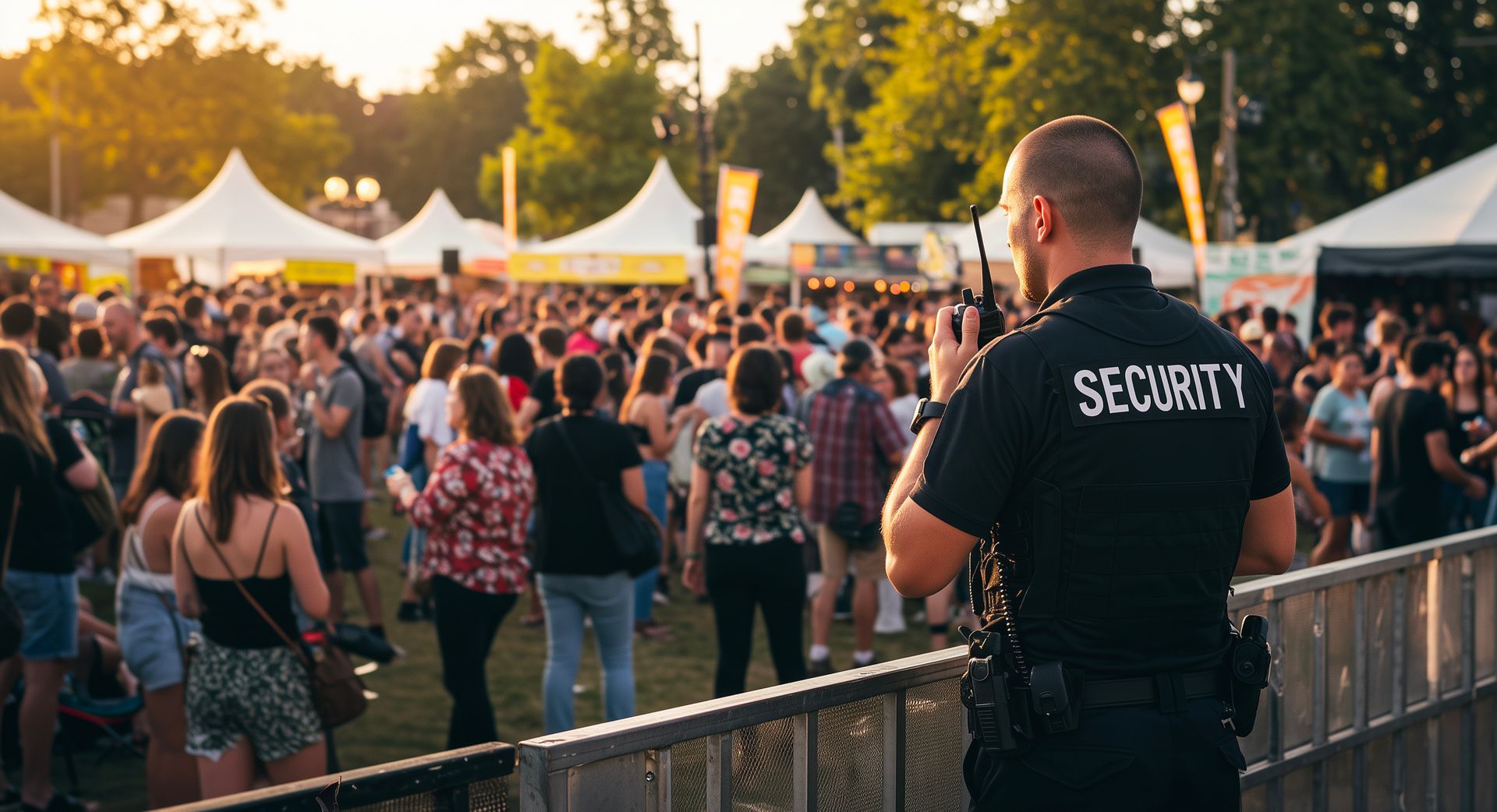 A security guard stands in front of a crowd at a festival