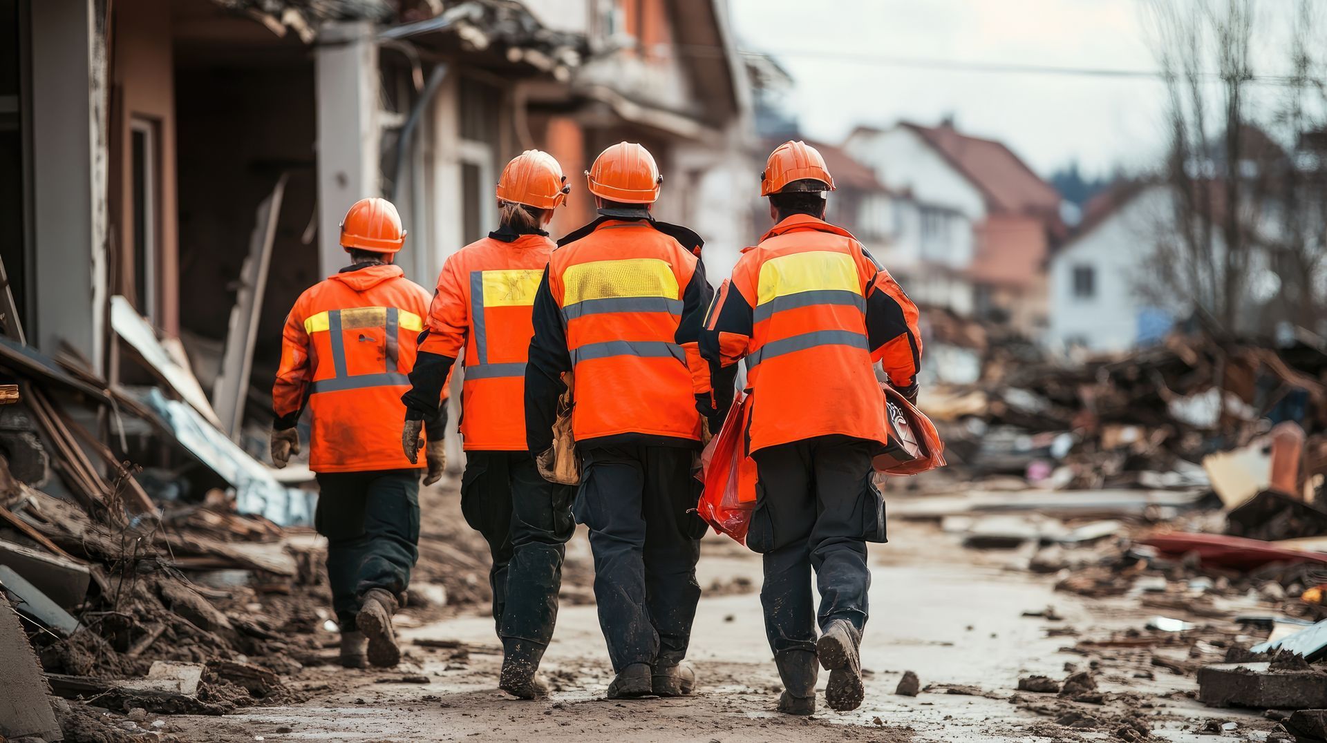 A group of construction workers are walking down a dirt road.