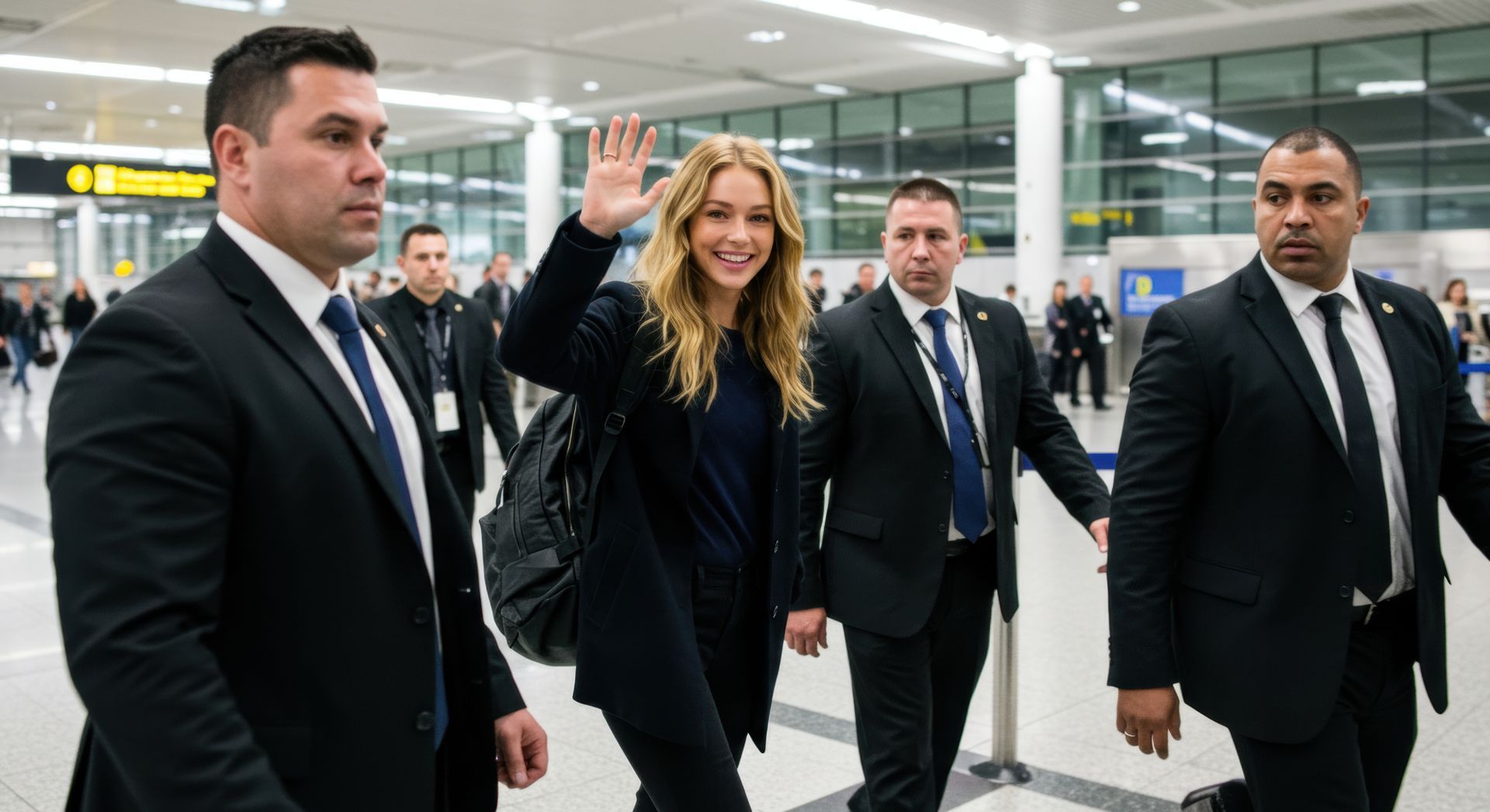 Woman waving at the camera while walking through an airport with her security detail.
