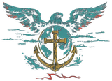 Eagle with outstretched wings above a globe, cross, anchor, and blue background.